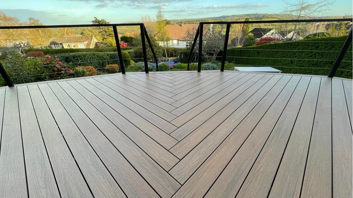 Herringbone Ecoscape composite decking and wire balustrade in Long Ashton, Bristol